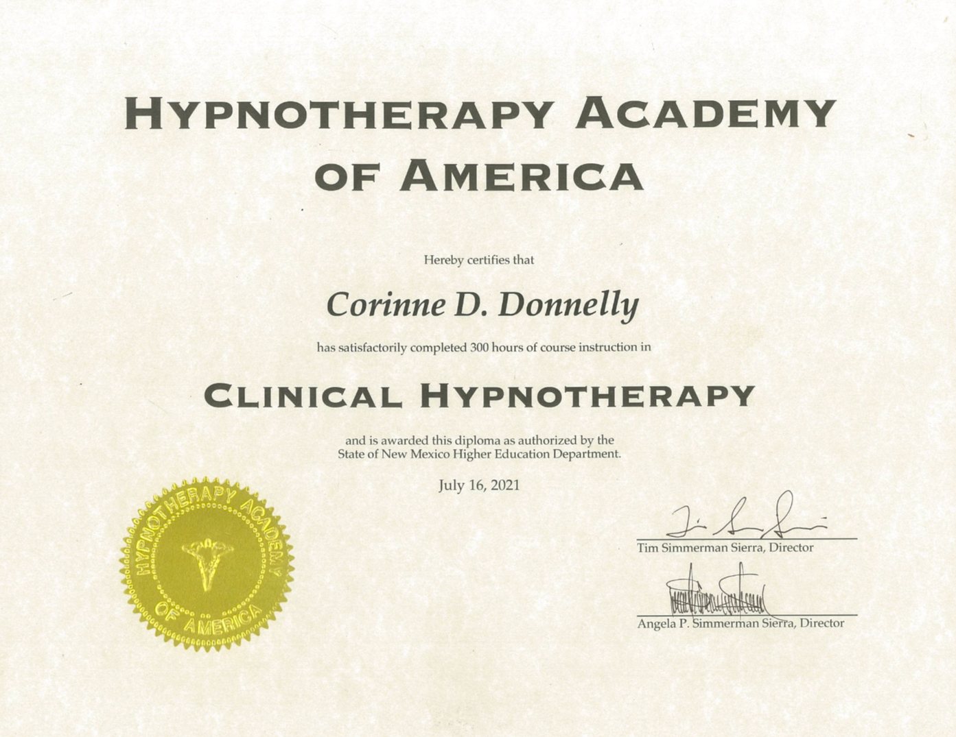 Clinical Hypnotherapy certificate