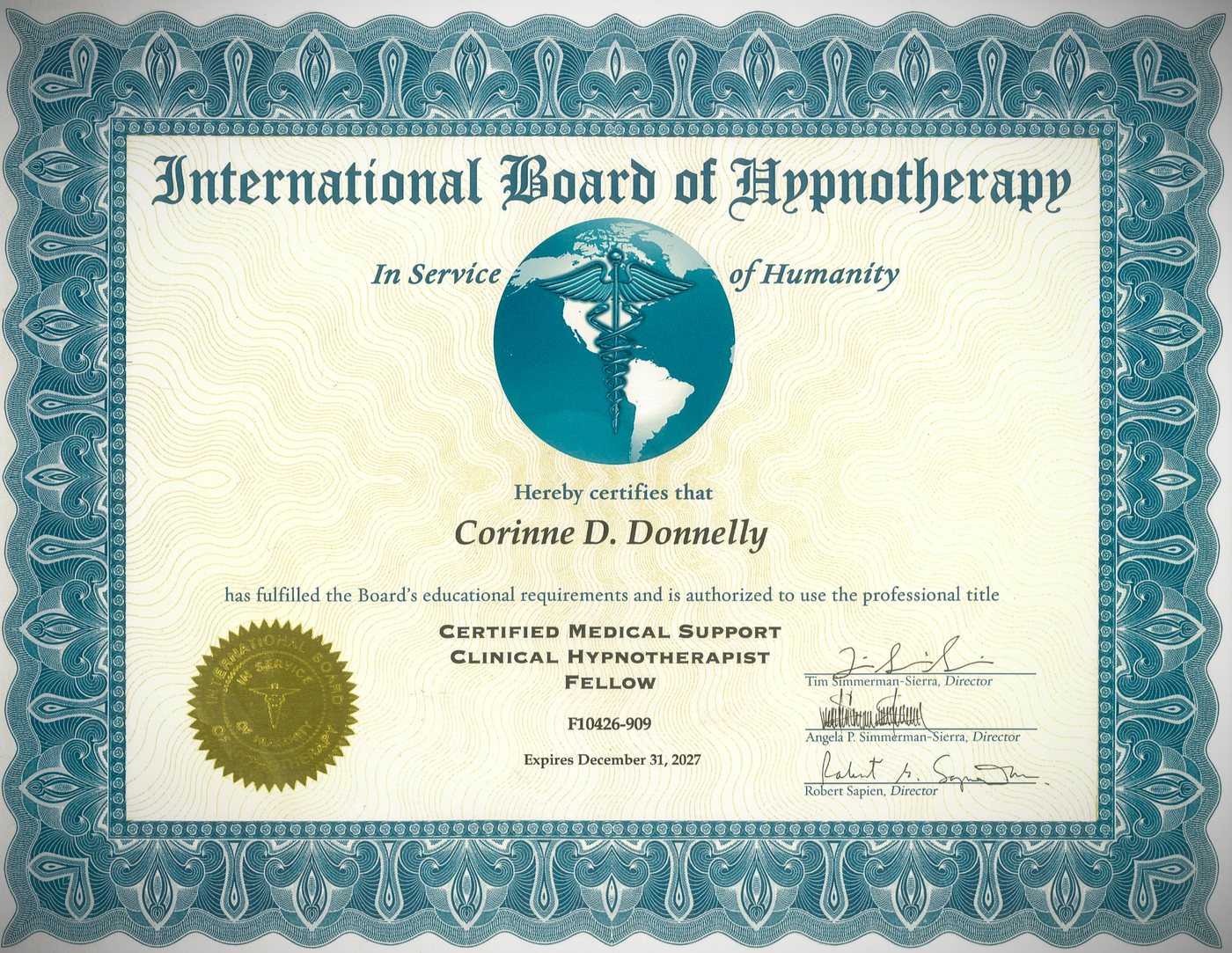 International Board of Hypnotherapy fellowship certificate