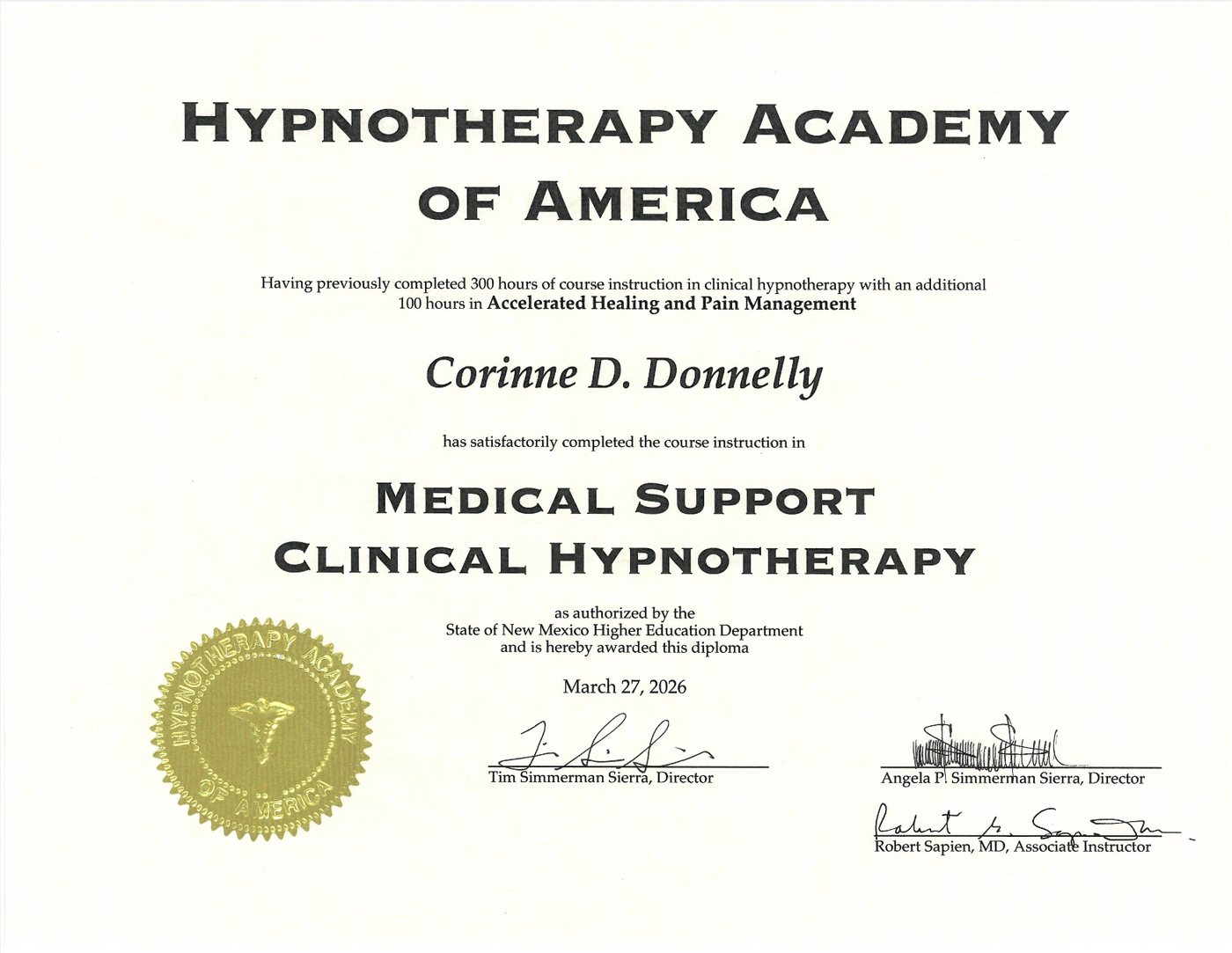 Medical Support Clinical Hypnotherapy certificate