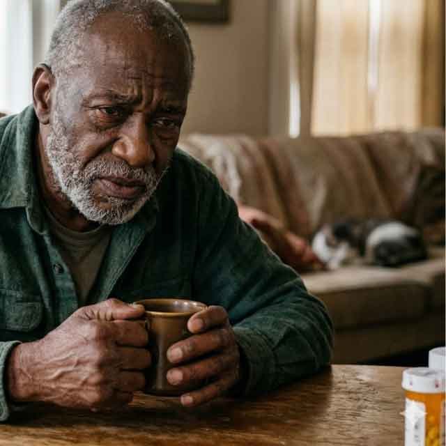 Older man living with chronic pain and discomfort while sitting at home holding a coffee mug.