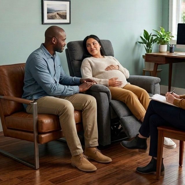 Expectant couple attending a pregnancy support and birth hypnotherapy session focused on calm birth preparation and emotional wellbeing.