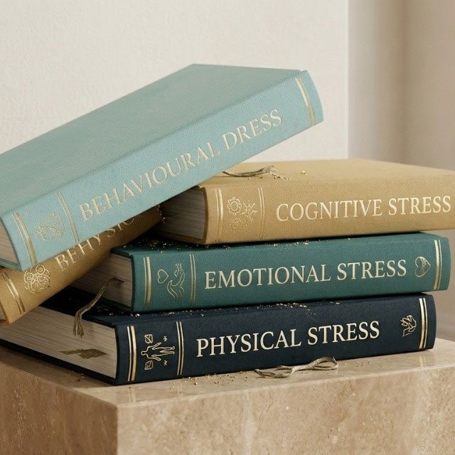 Books illustrating different types of stress, representing relaxation and stress relief support through hypnotherapy
